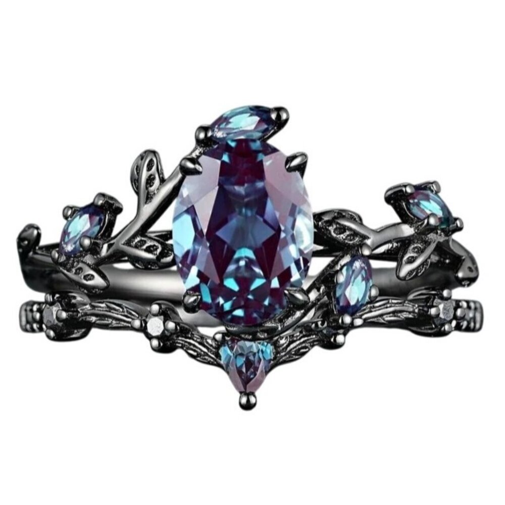 Pear Cut Alexandrite & Moissanite 2 piece Bridal Wedding engagement ring Rhodium